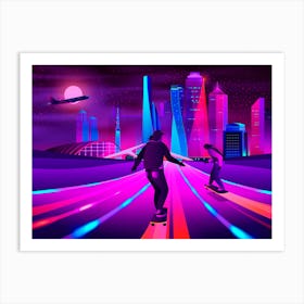 Skateboarders In The City - Synthwave Neon City Art Print