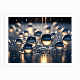 Reflective, Liquid Metal Spheres Gather On A Dark Surface, With A Stream Of Liquid Flowing Downwards And Reflecting Light Art Print