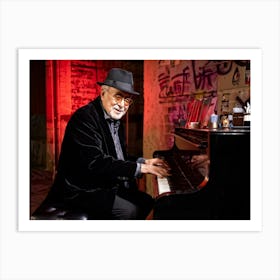 Neon Lit Portrait Of An Elderly Male Pianist Immersed In A Soulful Melody Burgundy And Beige Fedor Art Print