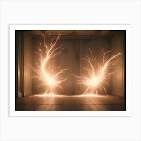 Two Bursts Of Bright, Electric Sparks Collide In The Center Of An Empty Vintage Room With Wooden Floors And White Walls Adorned With Moldings Art Print