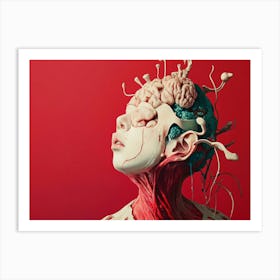 Human Head With Brain on Red Art Print