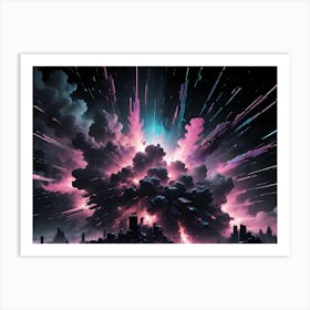 A Massive Explosion Of Vibrant Pink, Blue, And Purple Energy Engulfs A Futuristic City Skyline, Creating A Scene Of Destruction And Chaos Art Print