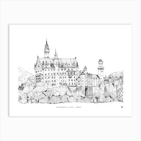 Neuschwanstein Castle - Bavaria Landscape Sketch - Fine Line Germany Travel Art Art Print