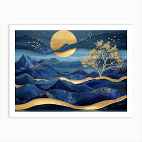 3d Modern Art With Blue Night Landscape With Dark Mountains, Giant Golden Tree And Gold 1 Art Print