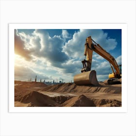 Powerful Excavator At A Construction Site Against A Blue Sky With Clouds Art Print