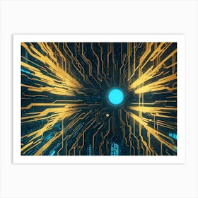 An Abstract Image Of A Futuristic, Technological Tunnel With Glowing Blue And Yellow Lines 1 Art Print