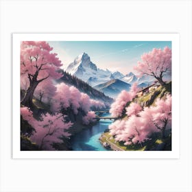 Cherry Blossom with Mountain River and Alps view #4 - Oil Painting Art Print