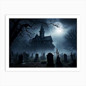 Frightened Souls Hovering Over A Mist Enshrouded Graveyard Full Moon Piercing Through Ominous Cloud (1) Art Print