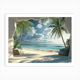 3d Tropical Beach With Palm Trees 1 Art Print