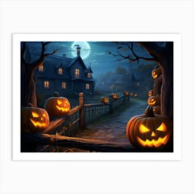 Halloween evening village with glowing Jack-o'-lanterns 1 Art Print