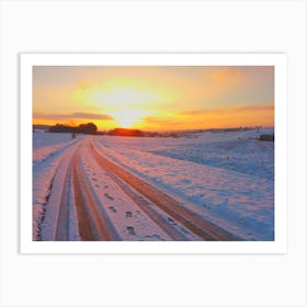 Snowy Road At Sunset Art Print