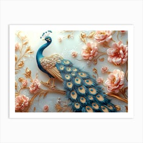 3d Art Peacock Illustration Background With Golden Jewelry And Flowers Art Print