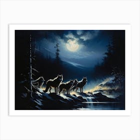 A Pack Of Wolves Silhouetted Under A Full Moon Their Howls Amalgamating With The Wailing Wind Amid (6) Art Print