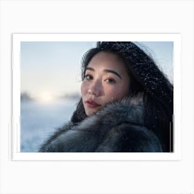 Macro Portrait In Ultra Clear Detail Freckled Woman Swathed In A Plush Fur Jacket Against A Snowy B 1 Art Print