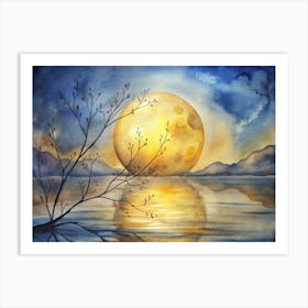 A Golden Moon Reflecting On The Calm Waters With Art Print