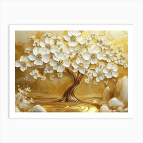 3d Art Golden Tree with White Flowers Art Print