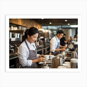 Cafeteria Interior Bustling With Activity Baristas In Checkered Aprons Preparing Espresso Drinks P (1) Art Print