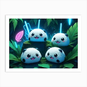 Cute Panda Rice Balls In A Tropical Setting With Neon Lights Art Print