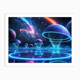 Futuristic Sci Fi Landscape With Glowing Domes, Planets, And A Starry Sky Art Print