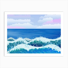 Landscape Sea Ocean Waves Beach Blue Sky Clouds Horizon Art Nature Painting Water Art Print