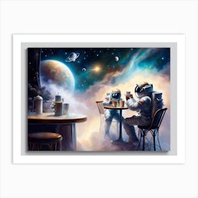 Astronauts Drinking Coffee In Space Art Print