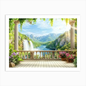 Stunning View from The Terrace on A Beautiful Mountain Landscape with A Waterfall Art Print