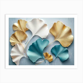 3d With Turquoise And Golden Ginkgo Leaves Art Print