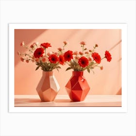 Two Pink Vases With Red Gerbera Daisies On A Pink Background With Light Shining Through Art Print