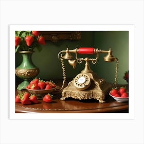 A Vintage Rotary Phone With A Gold Finish And Red Accents Sits On A Wooden Table Surrounded By Bowls Of Strawberries Art Print