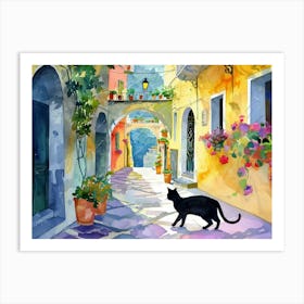 Amalfi, Italy   Black Cat In Street Art Watercolour Painting 4 Art Print