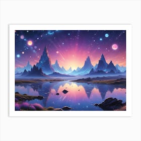 A Fantastical, Colorful Landscape With Tall, Jagged Mountains Reflecting In A Still Lake Art Print