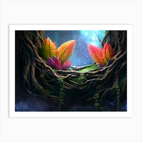 Quirky Leaf Creature Splashed With Vibrant Colors Nestled In A Fantasy Landscape Gnarled Tree Roo Art Print