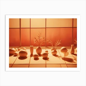 Minimalist Still Life Composition With Various Abstract Ceramic Vases And Geometric Shapes Arranged On A Tiled Floor, Bathed In Warm, Orange Light Art Print