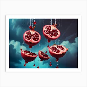 Slices Of Pomegranates Strung Up With Water Dripping From Them Against A Stormy Sky Background Art Print