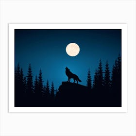 Illustration Of A Lone Wolf Howling Under A Full Moon In The Wilderness Of Wyoming Its Silhouette A Art Print