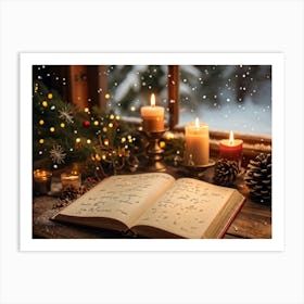 Festive Christmas Journal Open On A Wooden Desk Adorned With Pine Cones And Flickering Candles Pag Art Print