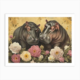 Floral Animal Illustration Hippopotamus 2 Art Print