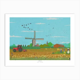 Farm Life Zundert - Dutch Countryside Windmill Landscape Art - Retro Inspired Illustration Art Print