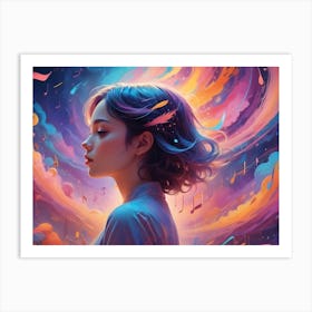 Woman With Flowing Hair In Profile Against A Swirling Background Of Colorful Abstract Shapes And Music Notes Art Print