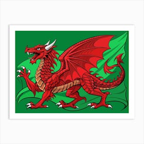 Red Dragon With Waving Welsh Flag Art Print