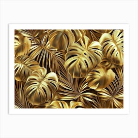 Golden Seamless Pattern with Shiny Monstera Palm Leaves Art Print