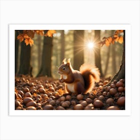 Red Squirrel Sitting On A Log Surrounded By Acorns In A Forest 5 Art Print