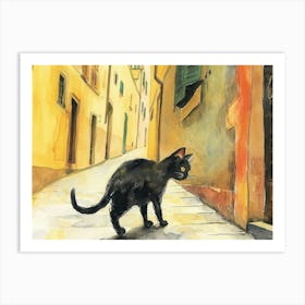 Black Cat In Florence Firenze, Italy, Street Art Watercolour Painting 3 Art Print