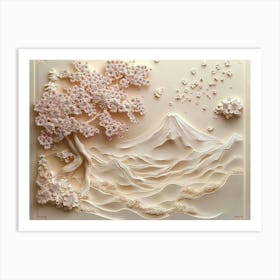 Beautiful Sakura Tree and Mountain 3d Art Print