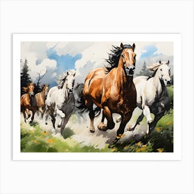 Wild Horses In Enchanted Forest Art Print