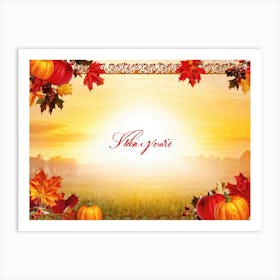 Autumn Themed Thank You Card Ornate Calligraphy Sweeping Across The Centre Leaves In Reds Golds (5) Art Print