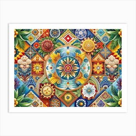 Colorful Mosaic Pattern With Geometric Shapes And Flowers Art Print