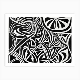 Retro Inspired Linocut Abstract Shapes Black And White Colors art, 183 Art Print