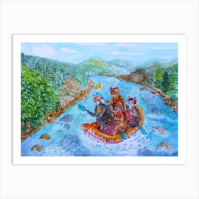 Cats Have Fun Summer Rafting On A Mountain River Four Cats In A Boat Art Print