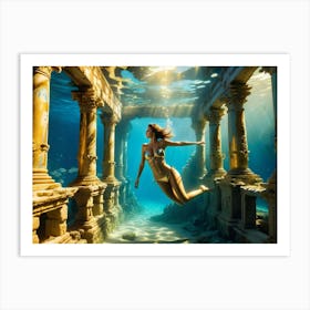 Woman swimming in gold underwater ruin 4 Art Print